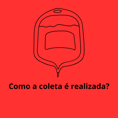 Uma imagem com um fundo vermelho, com um desenho de uma bolsa de sangue e a escrita Como a coleta é realizada?